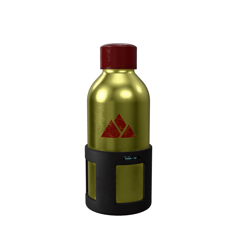 A golden metal water bottle with a red cap and a dark protective base.